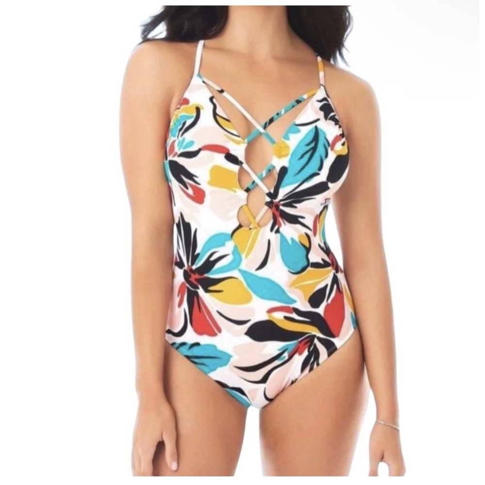 Miracle suit Floral Strappy One Piece Swimsuit Multi Color Tropical 674414 L